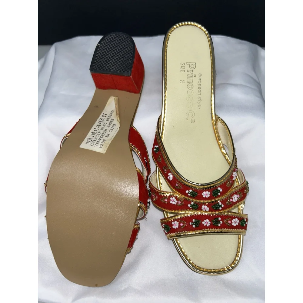 Vtg Princess C. European Style Chinese Velveteen Handmade Shoes Slides Heels 8 - Picture 9 of 12